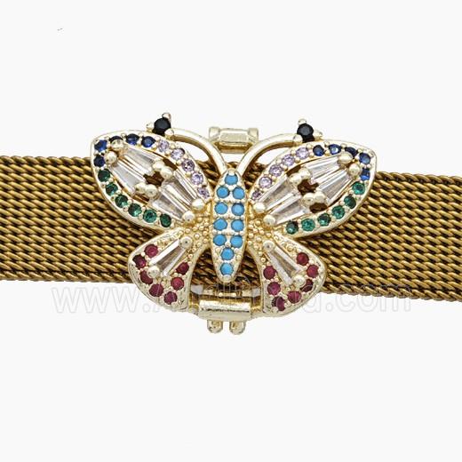 Copper Watchband Beads Pave Zirconia Butterfly Flat Hole Gold Plated