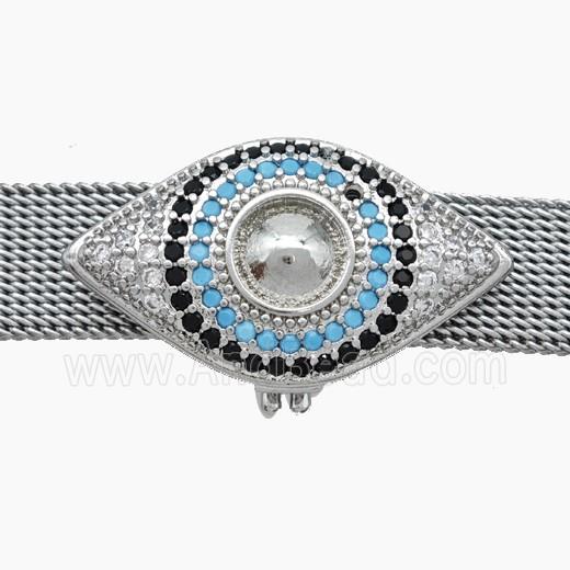 Copper Watchband Beads Pave Zirconia Eye Flat Hole Platinum Plated