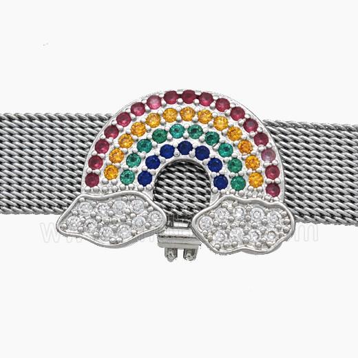Copper Watchband Beads Pave Zirconia Rainbow Flat Hole Platinum Plated