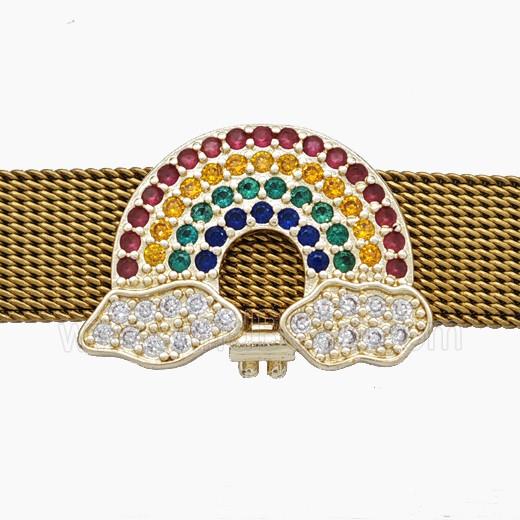Copper Watchband Beads Pave Zirconia Rainbow Flat Hole Gold Plated