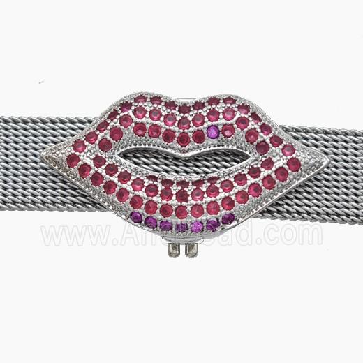 Copper Watchband Beads Pave Zirconia Lips Flat Hole Platinum Plated