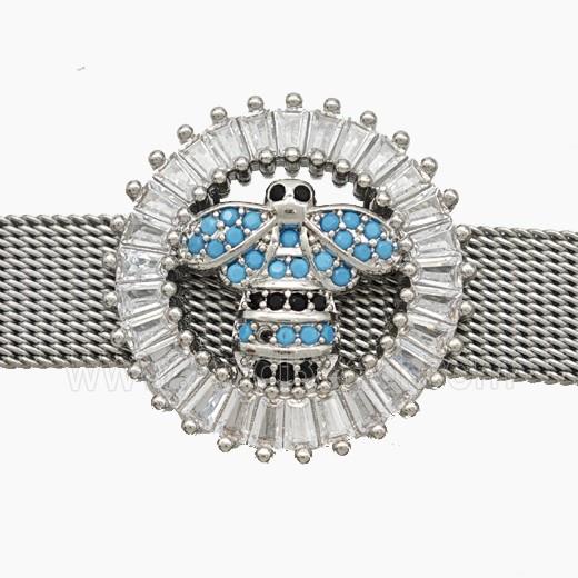 Copper Watchband Beads Pave Zirconia Honeybee Flat Hole Platinum Plated