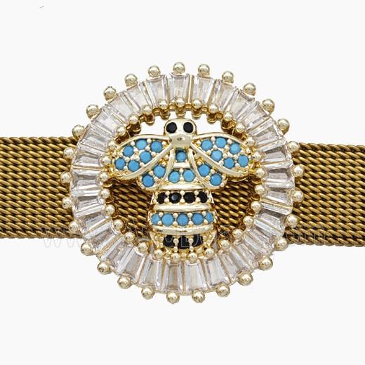 Copper Watchband Beads Pave Zirconia Honeybee Flat Hole Gold Plated