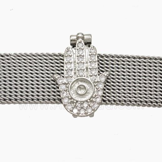 Copper Watchband Beads Pave Zirconia Hamsahand Flat Hole Platinum Plated