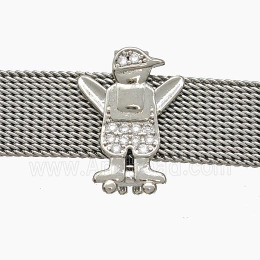 Copper Watchband Beads Pave Zirconia Kids Boy Flat Hole Platinum Plated