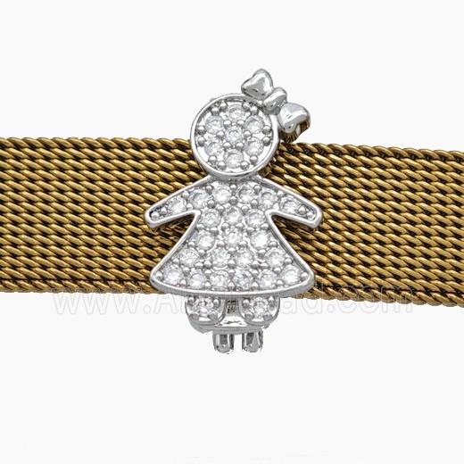 Copper Watchband Beads Pave Zirconia Kids Girl Flat Hole Platinum Plated