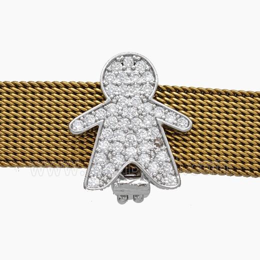 Copper Watchband Beads Pave Zirconia Kids Boy Flat Hole Platinum Plated