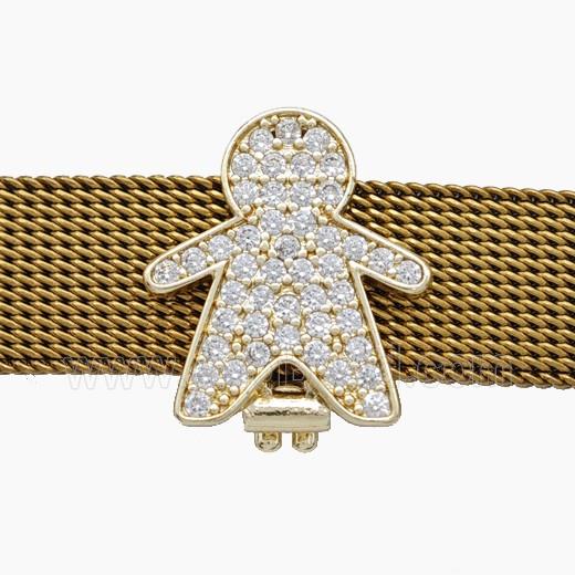 Copper Watchband Beads Pave Zirconia Kids Boy Flat Hole Gold Plated