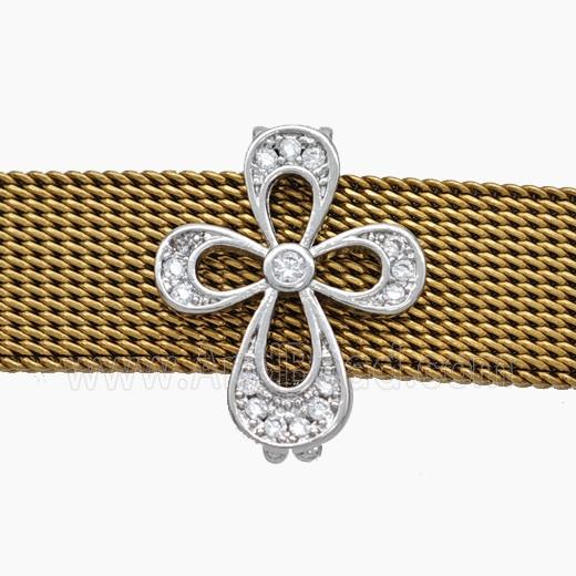 Copper Watchband Beads Pave Zirconia Cross Flower Flat Hole Platinum Plated