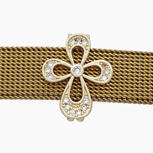 Copper Watchband Beads Pave Zirconia Cross Flower Flat Hole Gold Plated