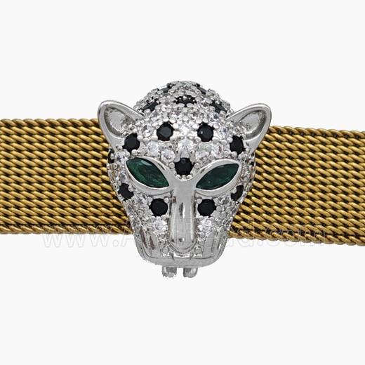 Copper Watchband Beads Pave Zirconia Panther-Head Flat Hole Platinum Plated