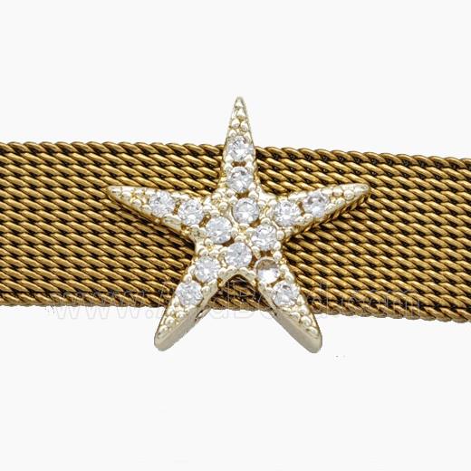 Copper Watchband Beads Pave Zirconia Star Flat Hole Gold Plated
