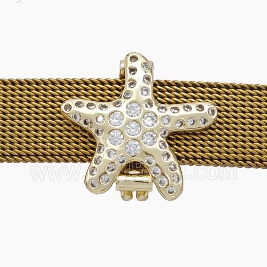 Copper Watchband Beads Pave Zirconia Starfish Flat Hole Gold Plated