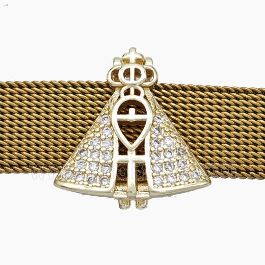 Copper Watchband Beads Pave Zirconia Catholic Cross Crown Flat Hole Gold Plated