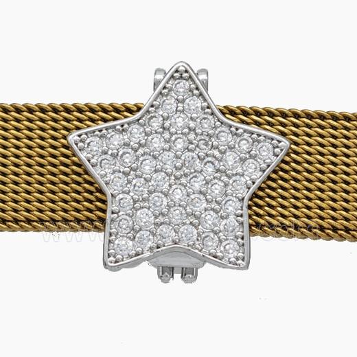 Copper Watchband Beads Pave Zirconia Star Flat Hole Platinum Plated