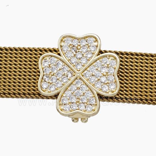 Copper Watchband Beads Pave Zirconia Heart Clover Flat Hole Gold Plated