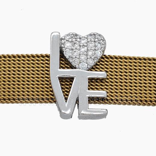 Copper Watchband Beads Pave Zirconia LOVE Heart Flat Hole Platinum Plated
