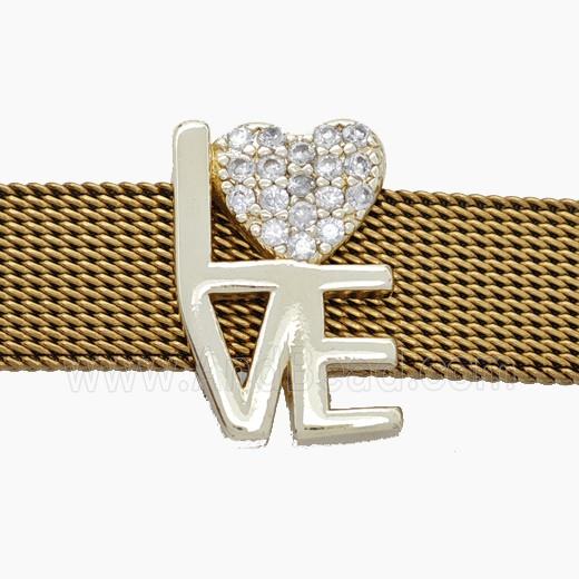 Copper Watchband Beads Pave Zirconia LOVE Heart Flat Hole Gold Plated