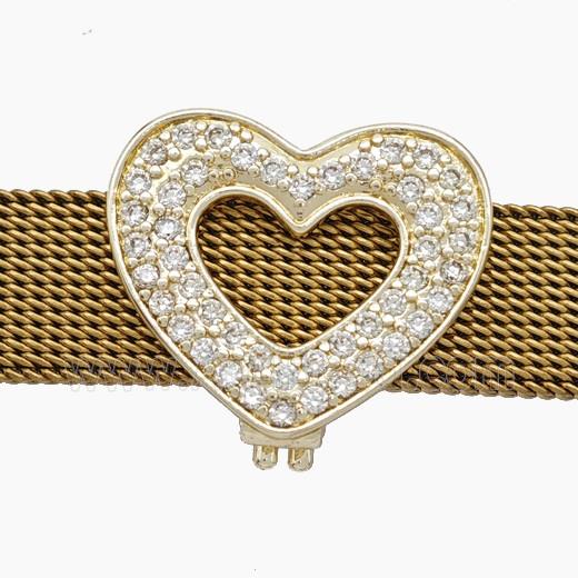 Copper Watchband Beads Pave Zirconia Heart Flat Hole Gold Plated