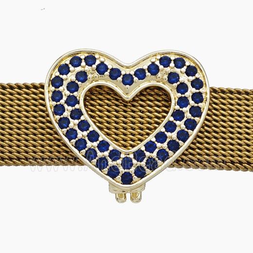Copper Watchband Beads Pave Zirconia Heart Flat Hole Gold Plated