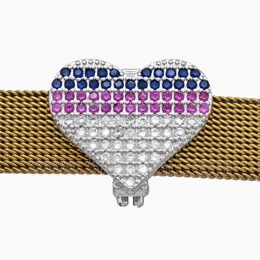 Copper Watchband Beads Pave Zirconia Heart Flat Hole Platinum Plated