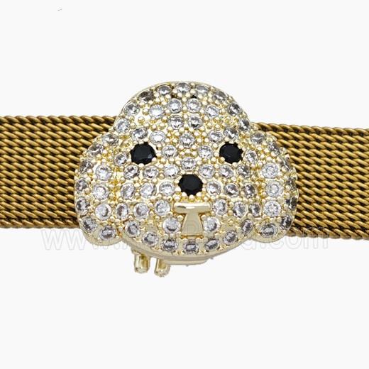 Copper Watchband Beads Pave Zirconia Dog-Head Flat Hole Gold Plated