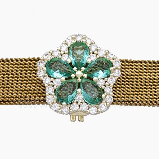 Copper Watchband Beads Pave Zirconia Flower Flat Hole Platinum Plated