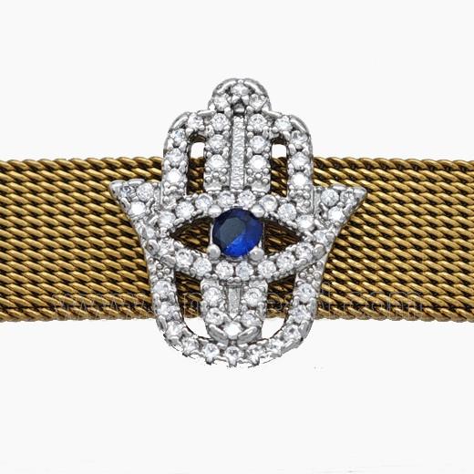 Copper Watchband Beads Pave Zirconia Hamsahand Flat Hole Platinum Plated
