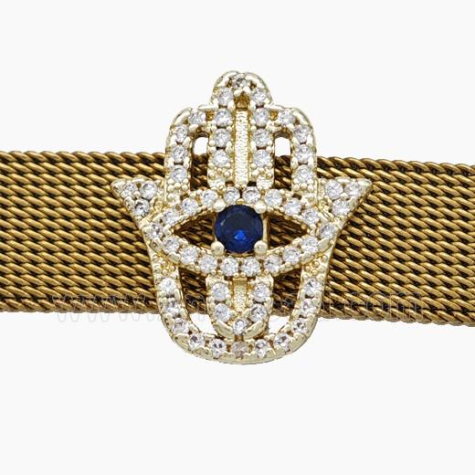 Copper Watchband Beads Pave Zirconia Hamsahand Flat Hole Gold Plated