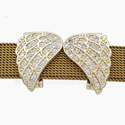 Copper Watchband Beads Pave Zirconia Angel Wings Flat Hole Gold Plated