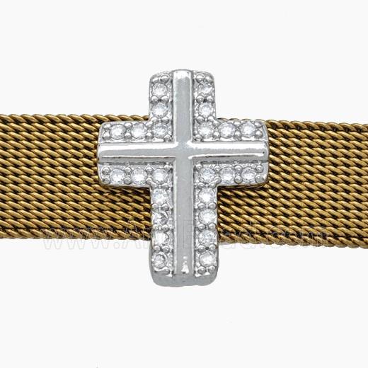 Copper Watchband Beads Pave Zirconia Cross Flat Hole Platinum Plated