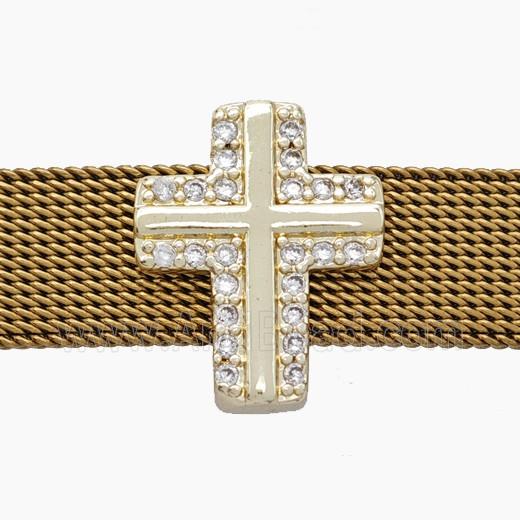 Copper Watchband Beads Pave Zirconia Cross Flat Hole Gold Plated