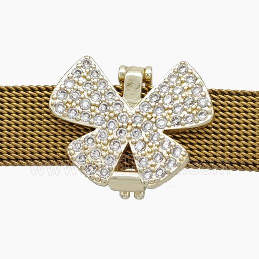 Copper Watchband Beads Pave Zirconia Butterfly Flat Hole Gold Plated