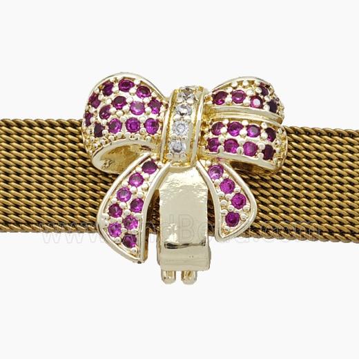 Copper Watchband Beads Pave Zirconia Knotbow Flat Hole Gold Plated