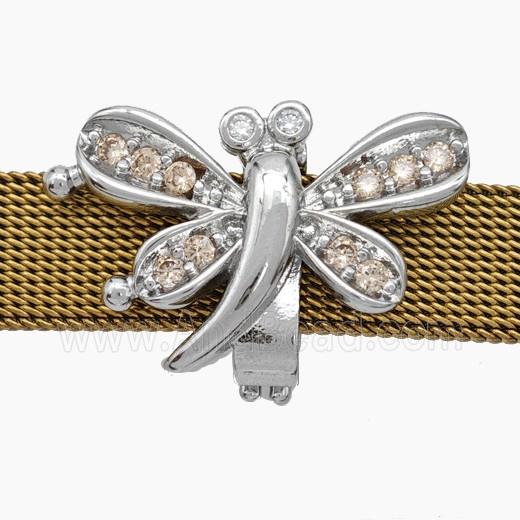 Copper Watchband Beads Pave Zirconia Dragonfly Flat Hole Platinum Plated
