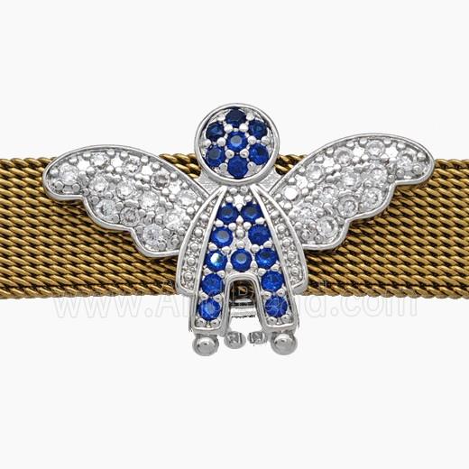 Copper Watchband Beads Pave Zirconia Angel Wings Flat Hole Platinum Plated