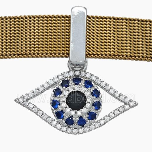 Copper Watchband Beads Pave Zirconia Evil Eye Flat Hole Platinum Plated