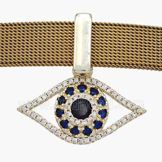 Copper Watchband Beads Pave Zirconia Evil Eye Flat Hole Gold Plated