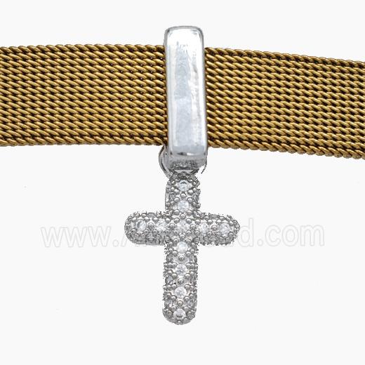 Copper Watchband Beads Pave Zirconia Cross Flat Hole Platinum Plated