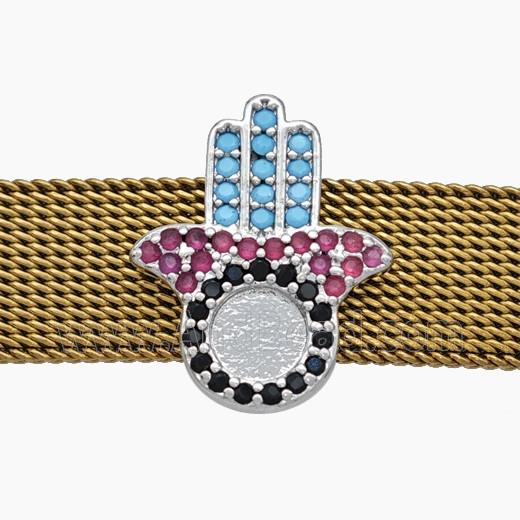 Copper Watchband Beads Pave Zirconia Hamsahand Flat Hole Platinum Plated