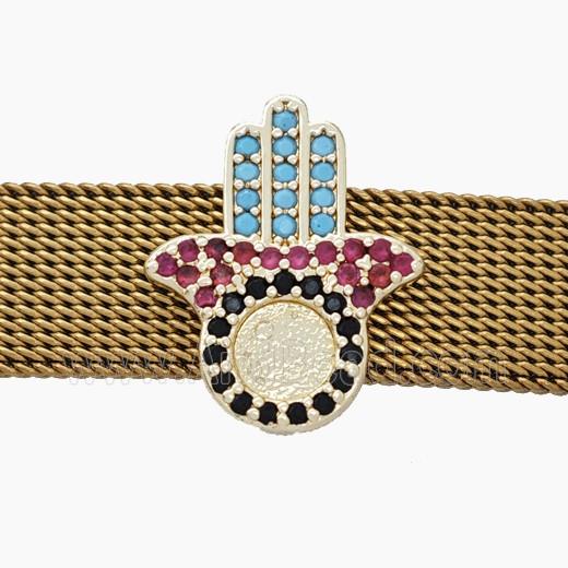 Copper Watchband Beads Pave Zirconia Hamsahand Flat Hole Gold Plated