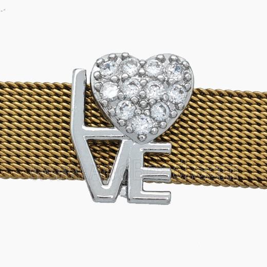 Copper Watchband Beads Pave Zirconia Heart LOVE Flat Hole Platinum Plated