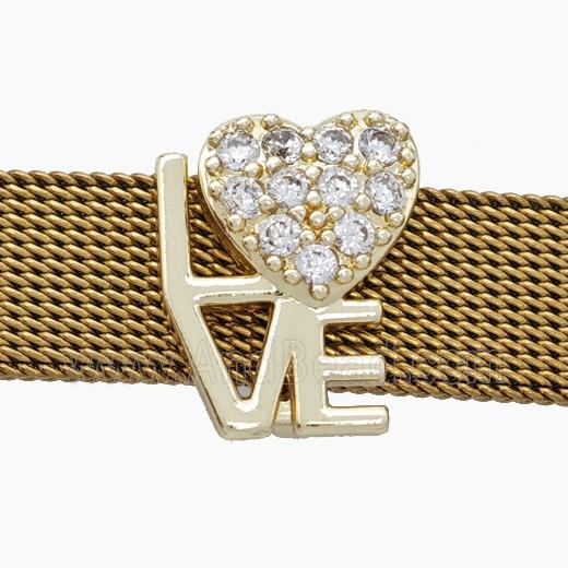 Copper Watchband Beads Pave Zirconia Heart LOVE Flat Hole Gold Plated