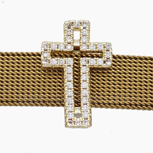 Copper Watchband Beads Pave Zirconia Cross Flat Hole Gold Plated