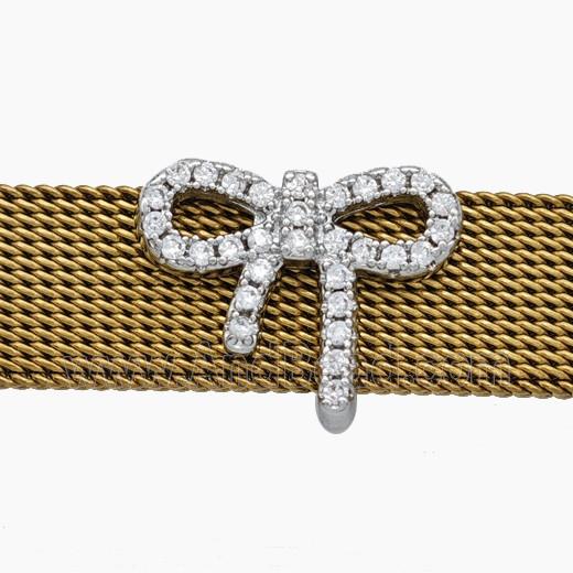 Copper Watchband Beads Pave Zirconia Knotbow Flat Hole Platinum Plated