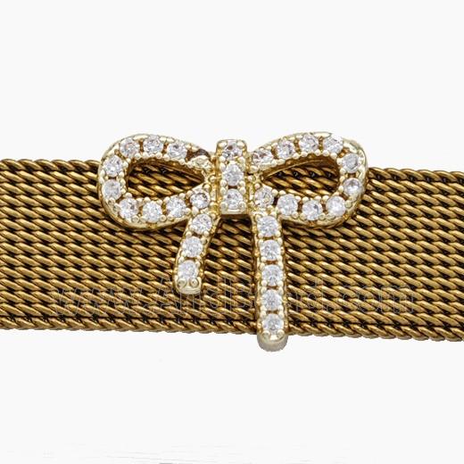 Copper Watchband Beads Pave Zirconia Knotbow Flat Hole Gold Plated