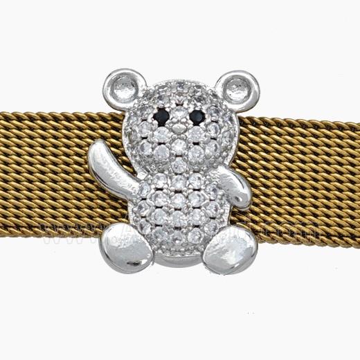 Copper Watchband Beads Pave Zirconia Bear Flat Hole Platinum Plated