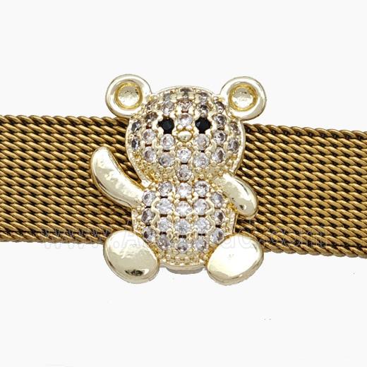 Copper Watchband Beads Pave Zirconia Bear Flat Hole Gold Plated