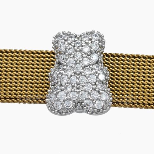 Copper Watchband Beads Pave Zirconia Bear Flat Hole Platinum Plated