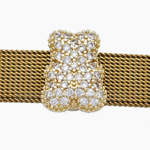 Copper Watchband Beads Pave Zirconia Bear Flat Hole Gold Plated